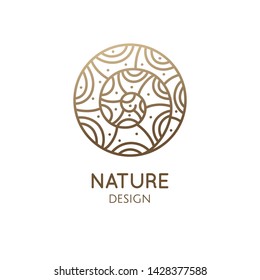 Seashell ornamental logo. Round emblem decorative shell in linear style. Vector abstract badge for design of natural products, flower shop, cosmetics, ecology concepts, health, spa, yoga Center.