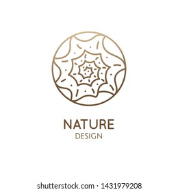 Seashell ornamental logo. Round emblem decorative shell in linear style. Vector abstract badge for design of natural products, flower shop, cosmetics, ecology concepts, health, spa, yoga Center.