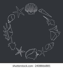 Seashell outline frame vector with chalk on a black board. One line drawing of a shell. Round frame with hand drawn marine illustrations of seashells. Summer tropical ocean beach style.