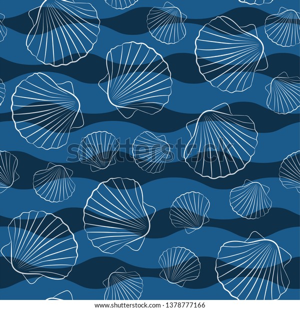 Seashell Outlines Waves On Dark Background Stock Vector (royalty Free 