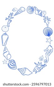 Seashell oval frame, sea animals, coral illustration, line drawing sea animal, doodle style. Cute underwater creatures, vector line, blue ultramarine color