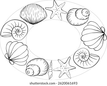Modelo de quadro oval de concha para texto. Desenho à mão livre, estilo de esboço, ilustração à tinta da linha gráfica vetorial. Banner, cartaz, papel de embrulho, adesivo, impressão, design têxtil moderno.

