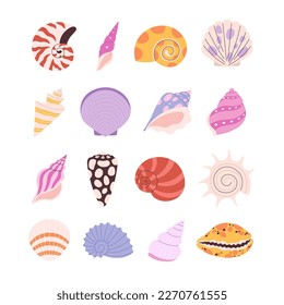 Seashell, oyster, clam set. Cartoon seashells and starfish, ocean underwater coral elements. Isolated sea beach nature racy vector symbols