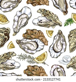 Seashell with oyster, lemon, rosemary and ice cube - sketch seamless pattern, vector illustration on white background. Hand drawn seafood ingredients, great for restaurant menu design.