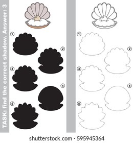 Seashell and Oyster and Pearl with different shadows to find the correct one, compare and connect object with it true shadow, the educational kid game with simple gaming level.
