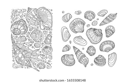 Seashell pattern, art background. Vector illustration. Zentangle. Coloring book page for adult. Hand drawn artwork. Beach concept for restaurant menu card, ticket, branding, logo label. Black, white