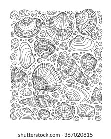 Seashell pattern art background. Vector illustration. Zentangle. Coloring book page for adult. Hand drawn artwork. Beach concept for restaurant menu card, ticket, branding, logo label. Black, white