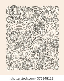Seashell pattern art background. Vector illustration. Zentangle. Hand drawn artwork. Beach concept for restaurant menu card, ticket, branding, logo label. Black, beige color