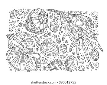 Seashell pattern art background. Vector illustration. Zentangle. Coloring book page for adult. Hand drawn artwork. Beach concept for restaurant menu card, ticket, branding, logo label. Black, white