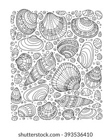 Seashell pattern art background. Vector illustration. Zentangle. Coloring book page for adult. Hand drawn artwork. Beach concept for restaurant menu card, ticket, branding, logo label. Black, white