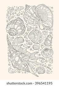 Seashell pattern art background. Vector illustration. Zentangle. Hand drawn artwork. Beach concept for restaurant menu card, ticket, branding, logo label. Black, beige color