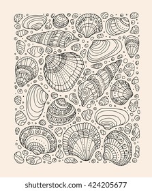 Seashell pattern art background. Vector illustration. Zentangle sea shell. Hand drawn artwork. Beach concept for restaurant menu card, ticket. Black, white