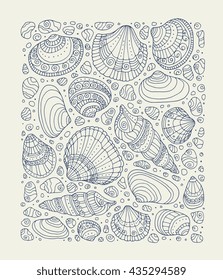 Seashell pattern art background. Vector seashell illustration. Zentangle seashell. Hand drawn artwork. Beach concept for restaurant menu card, ticket, branding. Monochrome dark grey blue, beige colors