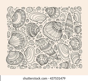 海殻のパターンアート背景 ベクターイラスト Zentangle 大人のための塗り絵の本のページ 手描きのアートワーク レストランメニューカード チケット ブランディング ロゴラベルのビーチコンセプト 黒 白 のベクター画像素材 ロイヤリティフリー