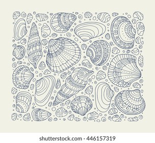 Seashell pattern art background. Vector seashell illustration. Zentangle seashell. Hand drawn artwork. Beach concept for restaurant menu card, branding. Monochrome dark grey blue, beige colors