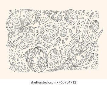 Seashell pattern art background. Vector illustration. Zentangle artwork. Beach concept for restaurant menu card, ticket, branding. Black and beige colors