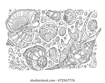 Seashell pattern art background. Vector illustration. Zentangle. Coloring book page for adult. Hand drawn artwork. Beach concept for restaurant menu card, ticket, branding. Black and white lines