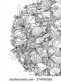 Seashell pattern art background. Vector illustration. Coloring book page for adult. Hand drawn artwork. Beach concept for restaurant menu card, ticket, branding, logo label. Black, white