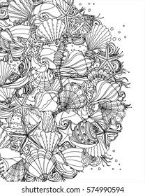 Seashell pattern art background. Vector illustration. Coloring book page for adult. Hand drawn artwork. Beach concept for restaurant menu card, ticket, branding, logo label. Black, white