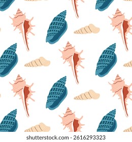 Seashell pattern design with various colors and shapes on a white background
