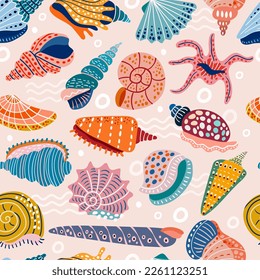 Seashell pattern. Doodle stylized seashells pictures recent vector seamless background with marine symbols