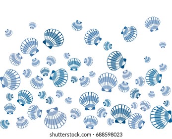 Seashell pattern, marine conch falling down vector background in blue and white colors. Bivalve mollusk cockleshell, oceanic sea shell pattern. Scallop beach symbol minimalist seashell graphic design.