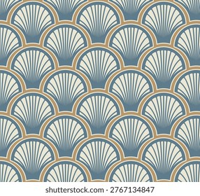 Seashell pattern, marine conch repeating vector background. Bivalve mollusk cockleshell, oceanic sea shell seamless textile pattern. Scallop fabric, beach symbol. Minimalist seashell graphic design.