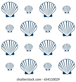 Seashell pattern, marine conch repeating vector background. Bivalve mollusk cockleshell, oceanic sea shell seamless textile pattern. Scallop fabric, beach symbol. Minimalist graphic design.