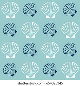 Seashell pattern, marine conch repeating vector background. Bivalve mollusk cockleshell, oceanic sea shell seamless textile pattern. Scallop fabric, beach symbol. Minimalist graphic design.
