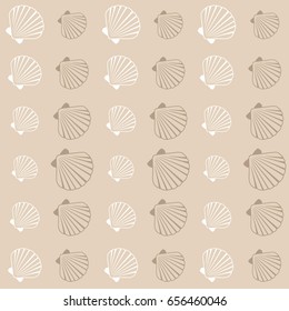 Seashell pattern, marine conch repeating vector background. Oceanic sea shell seamless textile pattern. Scallop fabric, beach symbol. Minimalist graphic design.