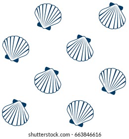 Seashell pattern, marine conch repeating vector background. Bivalve mollusk cockleshell, oceanic sea shell seamless textile pattern. Scallop fabric, beach symbol. Minimalist seashell graphic design.