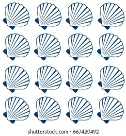 Seashell pattern, marine conch repeating vector background. Bivalve mollusk cockleshell, oceanic sea shell textile pattern. Scallop fabric, beach symbol. Minimalist seashell graphic design.