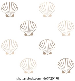Seashell pattern, marine conch repeating vector background. Bivalve mollusk cockleshell, oceanic sea shell textile pattern. Scallop fabric, beach symbol. Minimalist seashell graphic design.