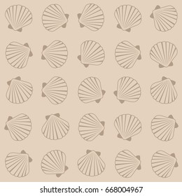 Seashell pattern, marine conch repeating vector background. Bivalve mollusk cockleshell, oceanic sea shell seamless textile pattern. Scallop fabric, beach symbol. Minimalist seashell graphic design.