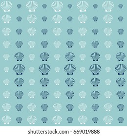 Seashell pattern, marine conch repeating vector background. Bivalve mollusk cockleshell, oceanic sea shell seamless textile pattern. Scallop fabric, beach symbol. Minimalist seashell graphic design.