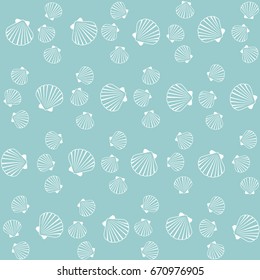 Seashell pattern, marine conch repeating vector background. Bivalve mollusk cockleshell, oceanic sea shell seamless textile pattern. Scallop fabric, beach symbol. Minimalist seashell graphic design.