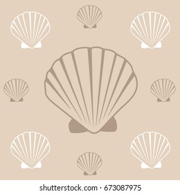 Seashell pattern, marine conch repeating vector background. Bivalve mollusk cockleshell, oceanic sea shell seamless textile pattern. Scallop fabric, beach symbol. Minimalist seashell graphic design.
