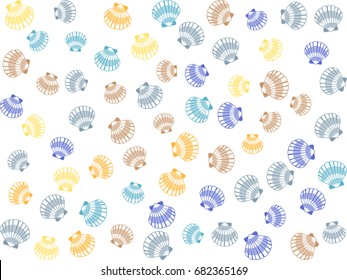 Seashell pattern, marine conch vector background. Bivalve mollusk cockleshell, oceanic sea shell textile pattern. Scallop fabric, beach symbol. Minimalist seashell graphic design.