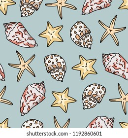 Seashell pattern on neutral background. Seamless illustrations of simple drawn seashells.