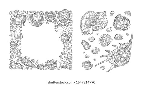 Seashell pattern. Vector illustration. Zentangle. Coloring book page for adult. Hand drawn artwork. Beach concept for restaurant menu card, ticket, branding, logo label. Black, white