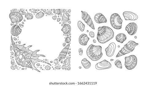 Seashell pattern. Vector illustration. Zentangle. Coloring book page for adult. Hand drawn artwork. Beach concept for restaurant menu card, ticket, branding, logo label. Black, white