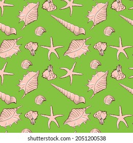 Seashell patterns on green background, vector, decorative, design, textile, fabric, napkin design