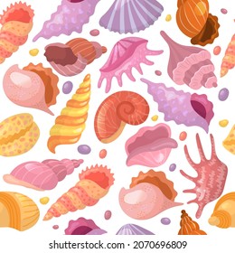 Seashell patterns. Summer beach elements on sand starfish recent vector seamless background for textile design projects