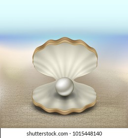 Seashell with pearl, beach, beach, travelling, relaxing by the ocean, sand beach. Vector illustration.