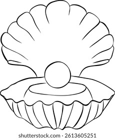 Seashell with pearl icon. Vector graphic line ink illustration isolated on transparent background. Banner, poster, wrapping paper, sticker, print, modern textile design.
