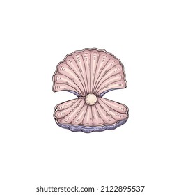 Seashell with pearl inside in colored sketch style - vector illustration isolated on white background. Nacre shell with gem ball, great for elegant marine design.
