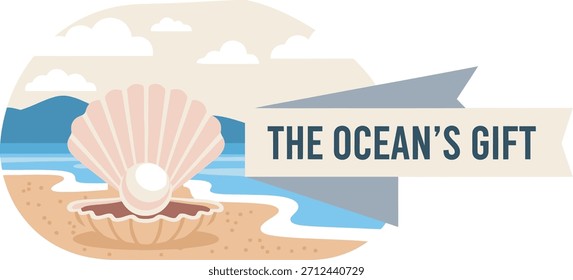 Seashell Pearl Ocean Gift Escena de playa Minimalista Ilustración vectorial plana
