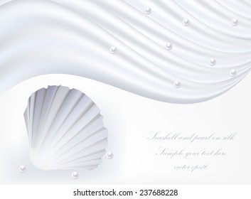 Seashell with pearls on silk