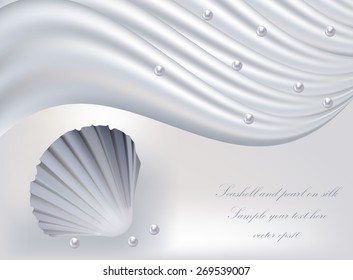 Seashell with pearls on silk
