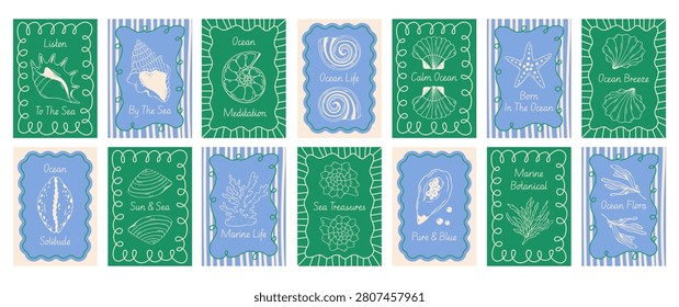 Seashell poster big bundle with various shells, conch, starfish, coral reef, nautilus, seaweed, hand drawn vector, blue mediterranean line art, retro flat style, summer beach card mega collection